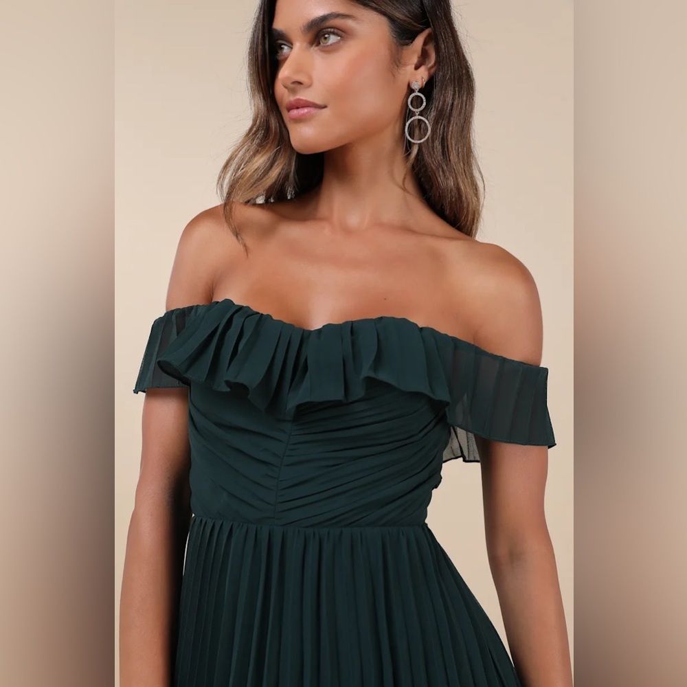 Lulus Always Remarkable Emerald Pleated Off-the-Shoulder Maxi Dress - Picture 4 of 12